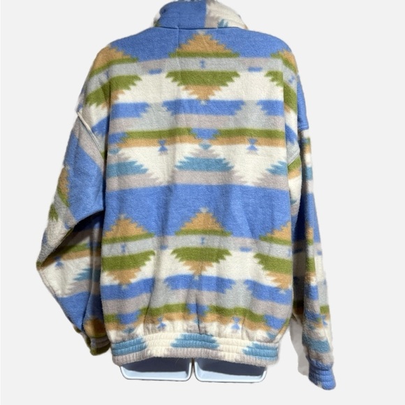 Vintage 80s Active Sensation soft fuzzy Blue and Cream Patterned Zip-Up Jacket - Picture 3 of 4